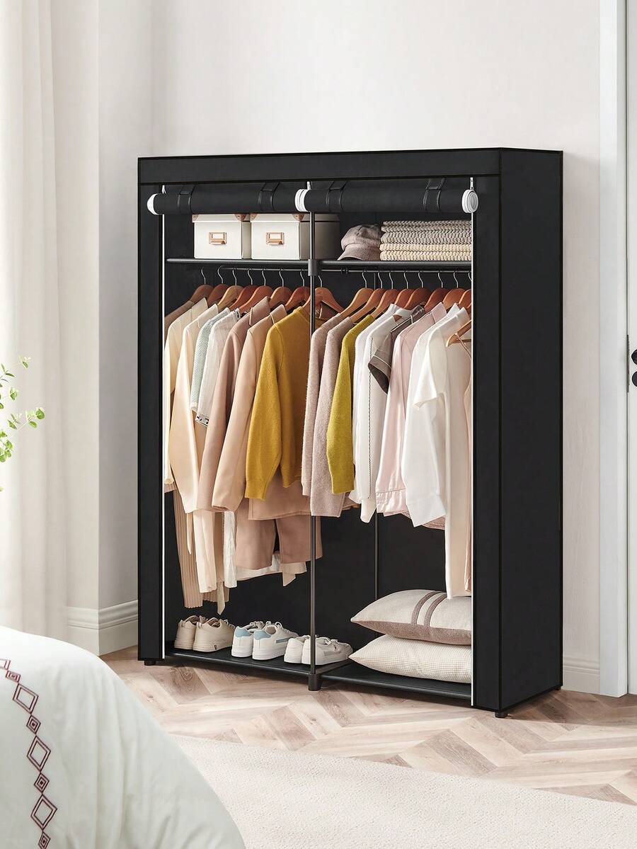 Wardrobe Closet Portable Fabric Cover - クローゼット、寝室用のポータブルクローゼット、不織布カバー付きの衣類ハンガーラック、衣類収納オーガナイザー、サイズ：55.1 x 16.9 x