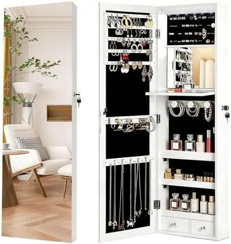 Full Length Mirror Jewelry Armoire - 全身鏡付き、6つの自動LEDライト付き、壁掛け・ドア掛け両用、鍵付きのジュエリー収納キャビネット兼オーガナイザー。