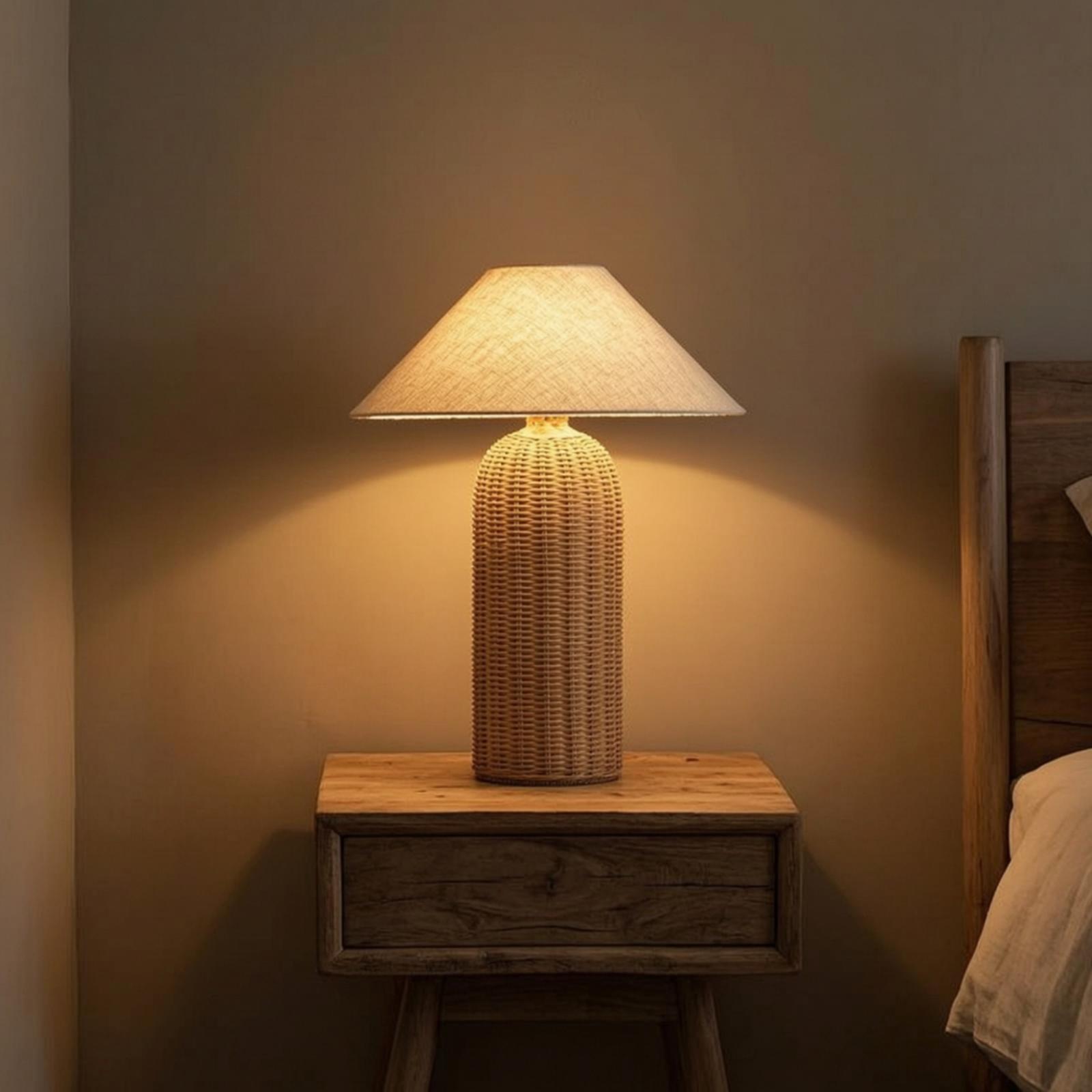 Bedroom Furniture - ベッドサイドランプ ラタンベース ファブリックシェード ナイトテーブルランプ 寝室 リビングルーム用装飾照明
