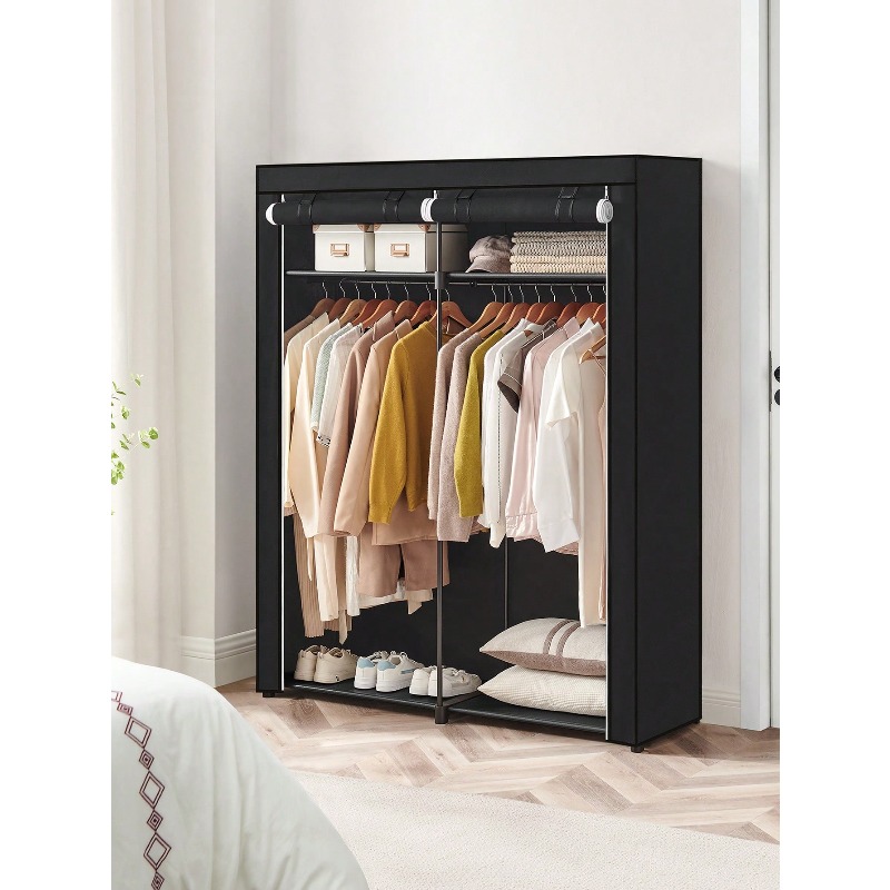 Wardrobe Closet Portable Fabric Cover - ブラックのクローゼット、寝室用のポータブルクローゼット、不織布カバー付きの衣類ハンガーラック、衣類収納オーガナイザー、サイズ：55.1 x 16.9 x 68.5インチ。