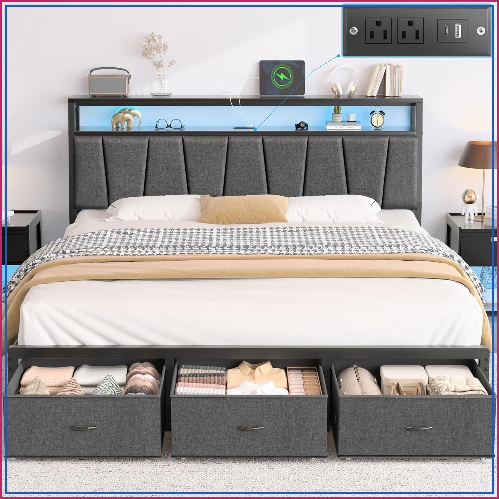King Size Bed Frame With Storage Drawers - キングサイズベッドフレーム、収納付きヘッドボードと3つの引き出し付き、グレー