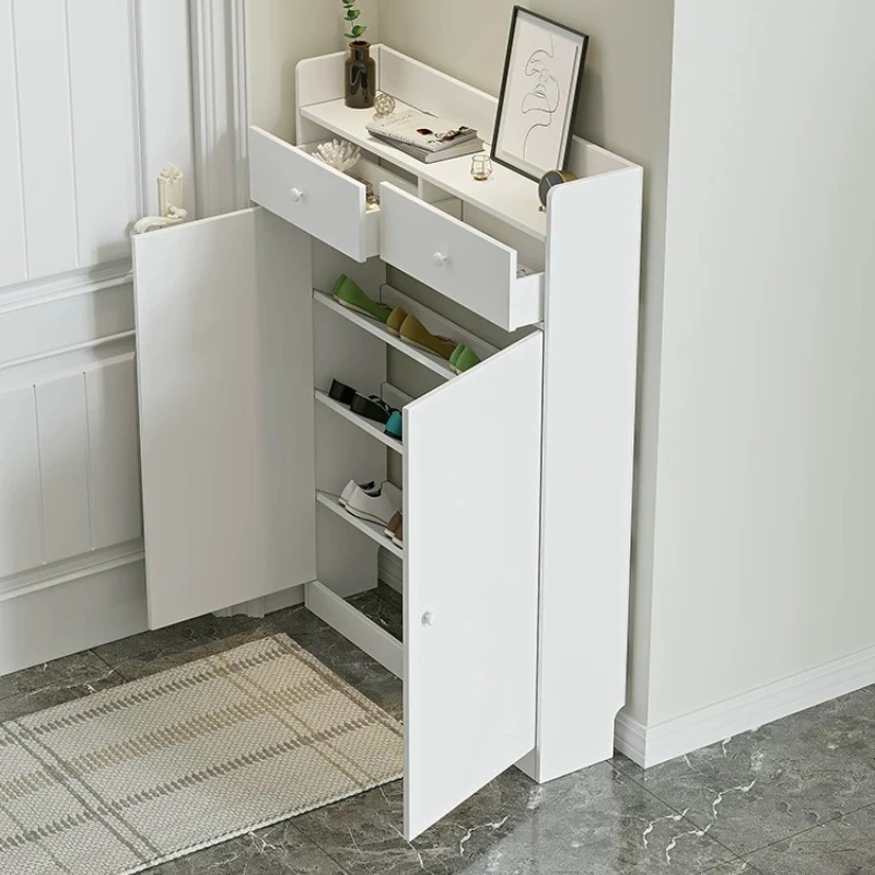Shoe Rack Cabinet Narrow Entryway - スリムな20cm幅の靴収納キャビネット。玄関に最適な、引き出し2つと扉2つ付きの白い靴収納棚。廊下や家庭用家具として。