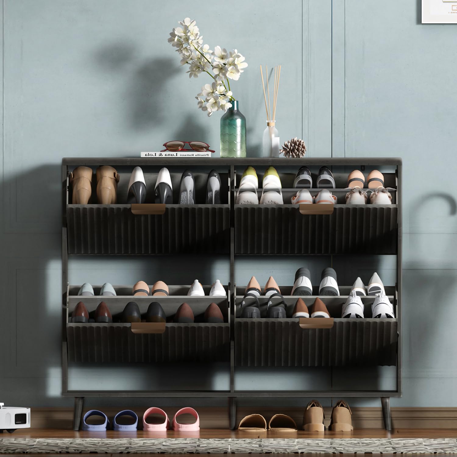 Shoe Rack Cabinet Narrow Entryway - 靴収納キャビネット、モダンなデザインの自立式収納棚。4つの引き出しが付いており、玄関に最適なスリムな靴収納キャビネット。ブラック。