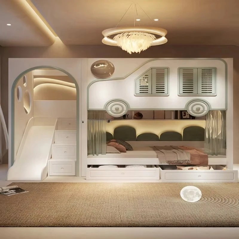 Bunk Bed With Stairs And Slide - 新デザインの高級子供用二段ベッド。アーチ型のスライドと収納付きの階段を備えた、積み重ね可能な子供用ベッド。