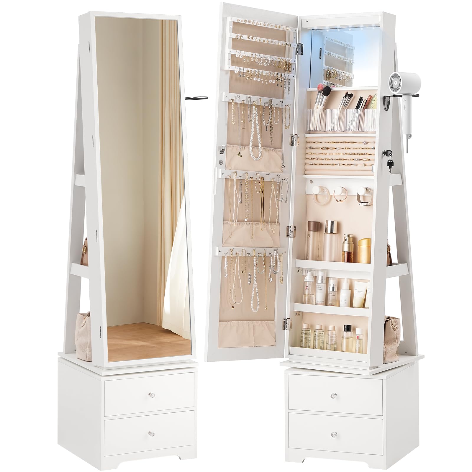 Full Length Mirror Jewelry Armoire - 360 ° LEDライト付きの回転式ジュエリーキャビネット、引き出し2つ付きの自立式ジュエリーアームワール、回転式の全身鏡
