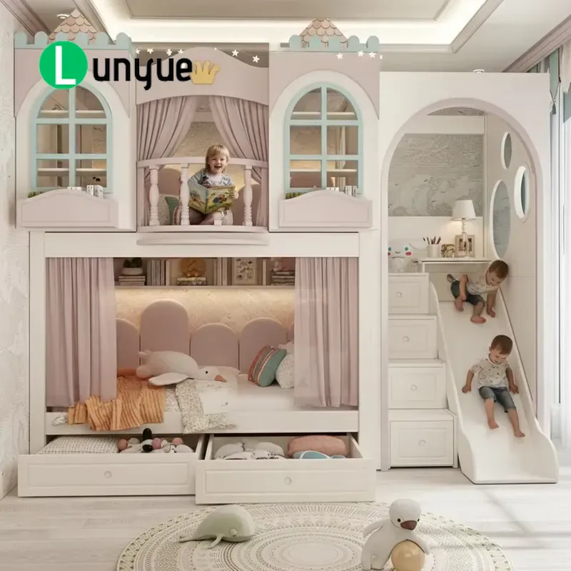 Bunk Bed With Stairs And Slide - アンケ社製、階段付きスライド付きのカスタムメイドのプリンセスハウス型二段ベッド。女の子向けのクリエイティブなお城風の子供用ベッド。