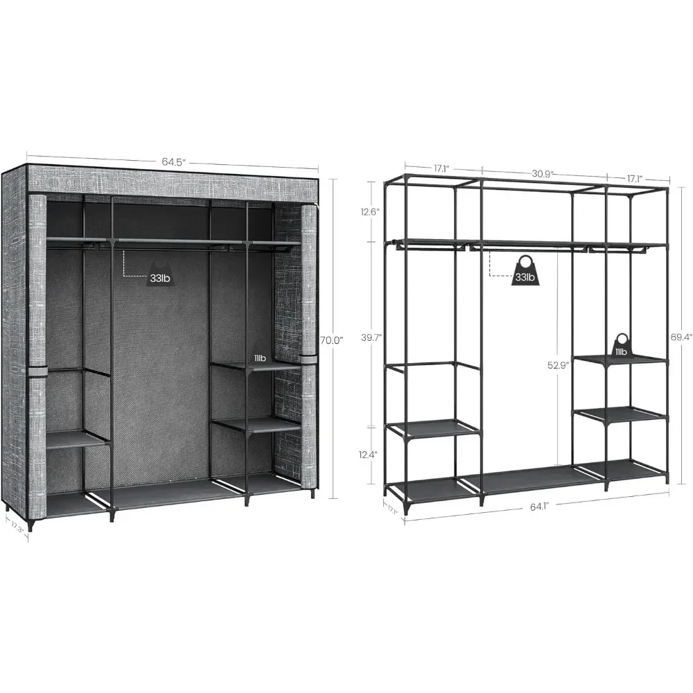 Wardrobe Closet Portable Fabric Cover - クローゼットワードローブ、64.5インチの寝室用ポータブルクローゼット、布製カバー付き3段衣類レール、衣類収納オーガナイザー