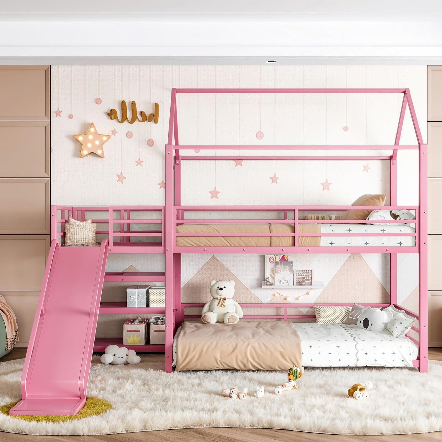Bunk Bed With Stairs And Slide - スライド付き二段ベッド、収納付き階段、頑丈なハウス型金属製ローベッド（子供用）、ボックススプリング不要、カスタマイズ可能