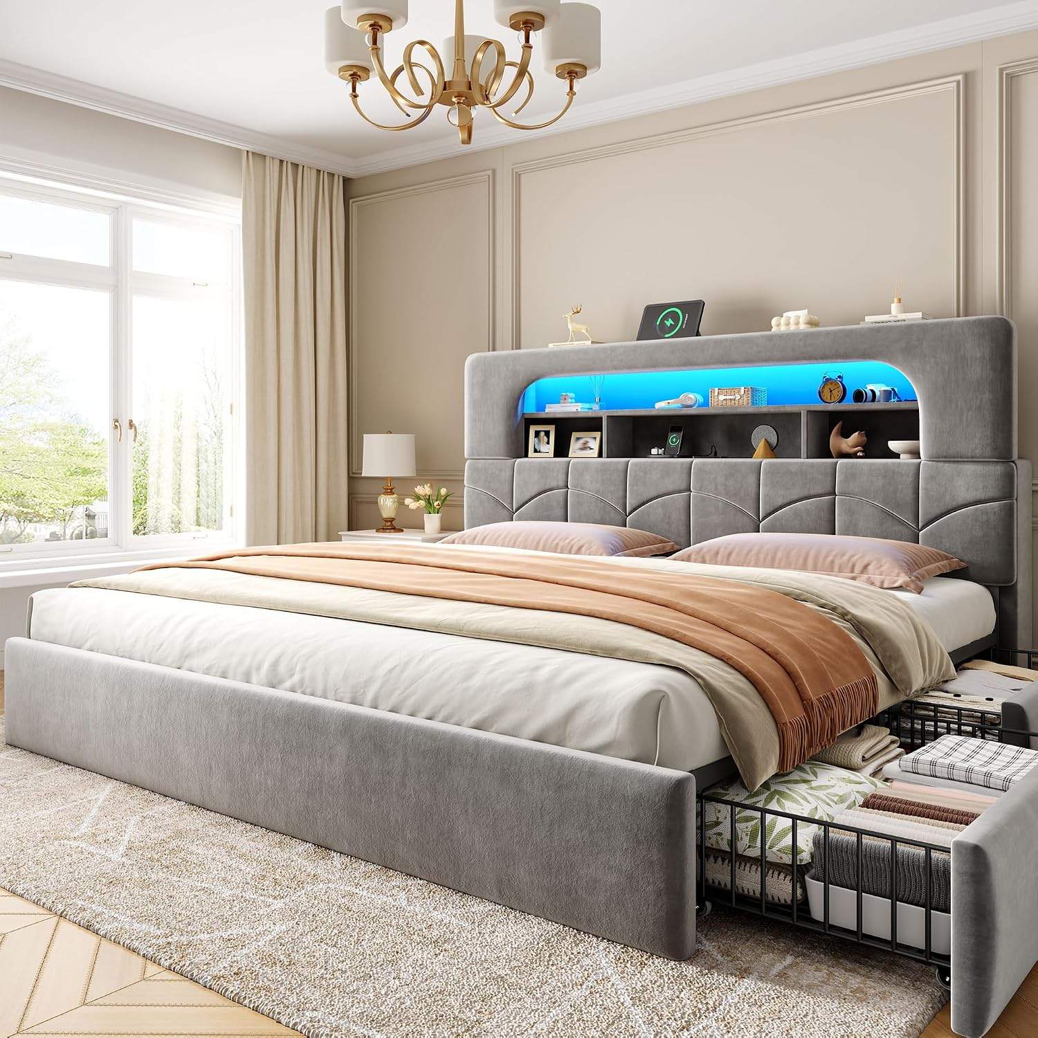 King Size Bed Frame With Storage Drawers - キングサイズのベッドフレーム。収納引き出し4つと充電ステーション付き。グレー。カスタマイズ可能。
