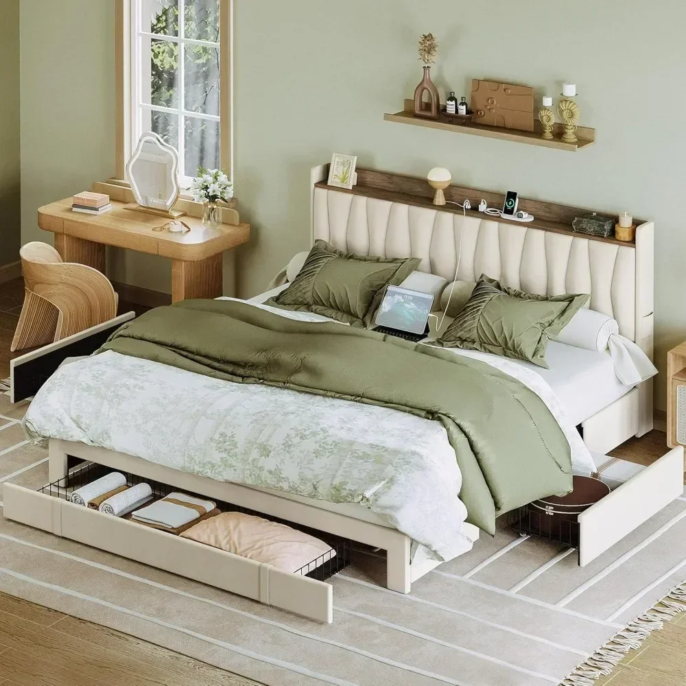 King Size Bed Frame With Storage Drawers - キングサイズベッドフレーム、収納付きヘッドボードと充電ステーション、3つの引き出し付き、ボックススプリング不要、クイーンサイズベッドフレーム
