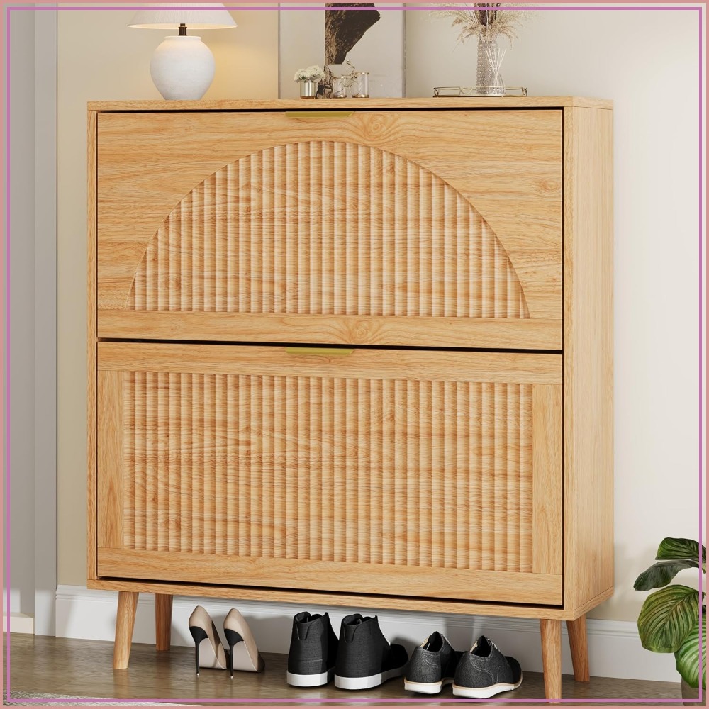 Shoe Rack Cabinet Narrow Entryway - 3段引き出し式シューズ収納キャビネット、スリムな木製収納、溝付きパネル、玄関や廊下に最適な収納ラック。
