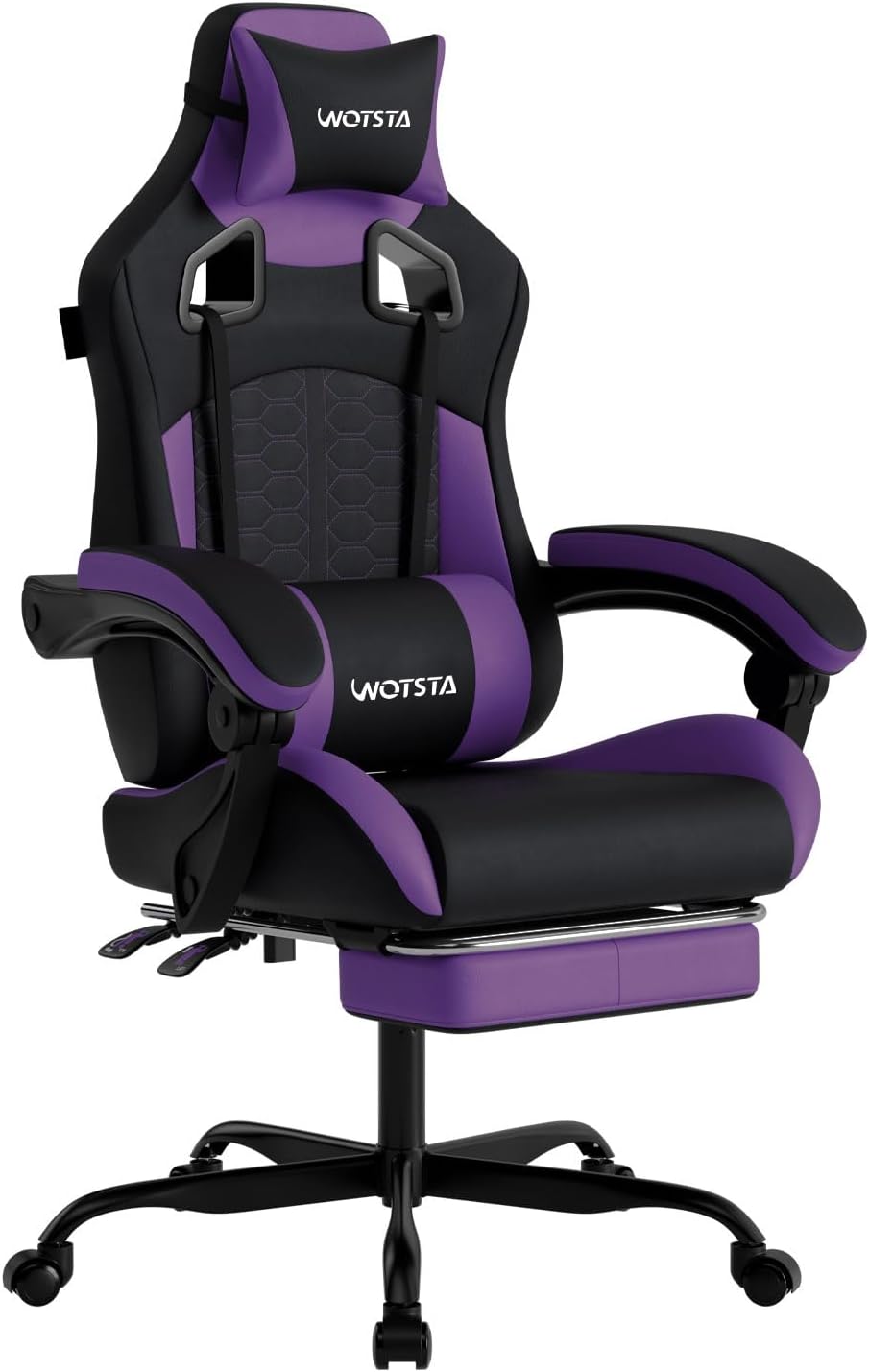 Sofas - マッサージ機能付きゲーミングチェア。人間工学に基づいた設計で、フットレスト、快適なヘッドレスト、腰部サポートを備えたPC用ゲーミングチェア。背もたれが高く、PVCレザーを使用。耐荷重300ポンド（ブラック＆パープル）。