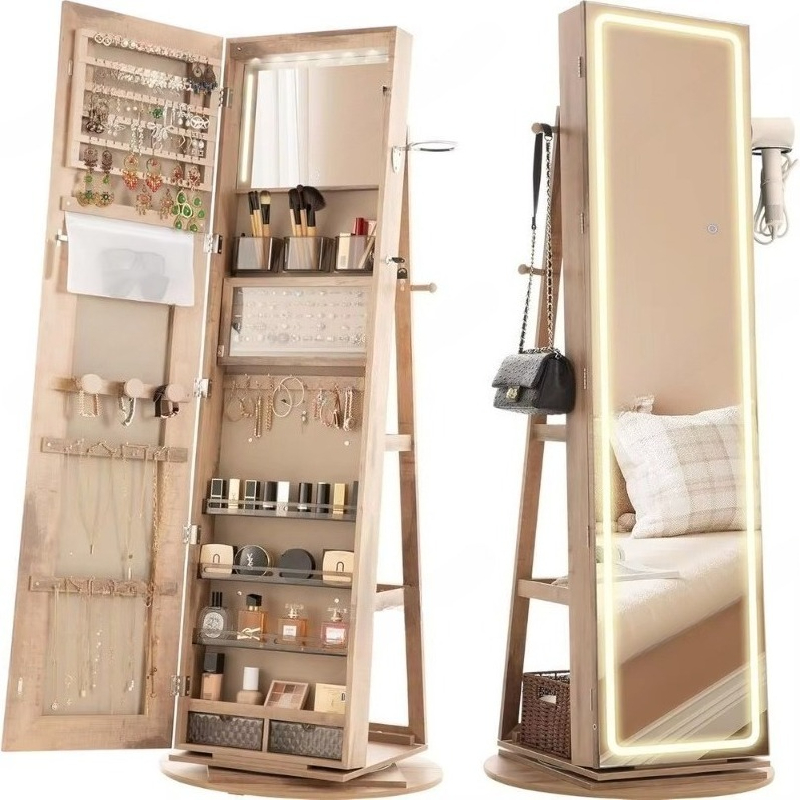 Full Length Mirror Jewelry Armoire - スタンドミラー付きジュエリーキャビネット、360度 ° 回転式のジュエリー収納キャビネット。全身鏡と調光可能なLEDライト付き。
