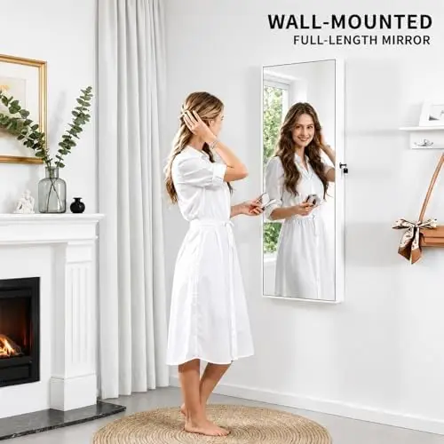 全身鏡付き、6つの自動LEDライト付き、壁掛け・ドア掛け両用 - Full Length Mirror Jewelry Armoire のレビューと価格