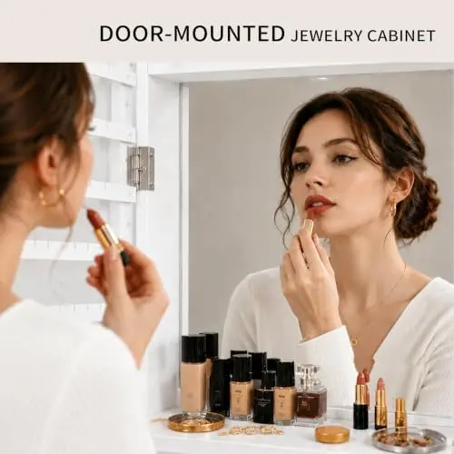 全身鏡付き、6つの自動LEDライト付き、壁掛け・ドア掛け両用 - Full Length Mirror Jewelry Armoire のレビューと価格