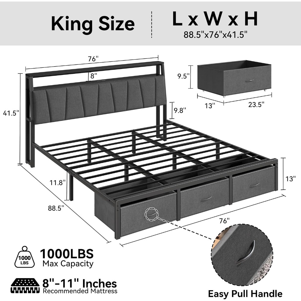 キングサイズベッドフレーム、収納付きヘッドボードと3つの引き - King Size Bed Frame With Storage Drawers のレビューと価格