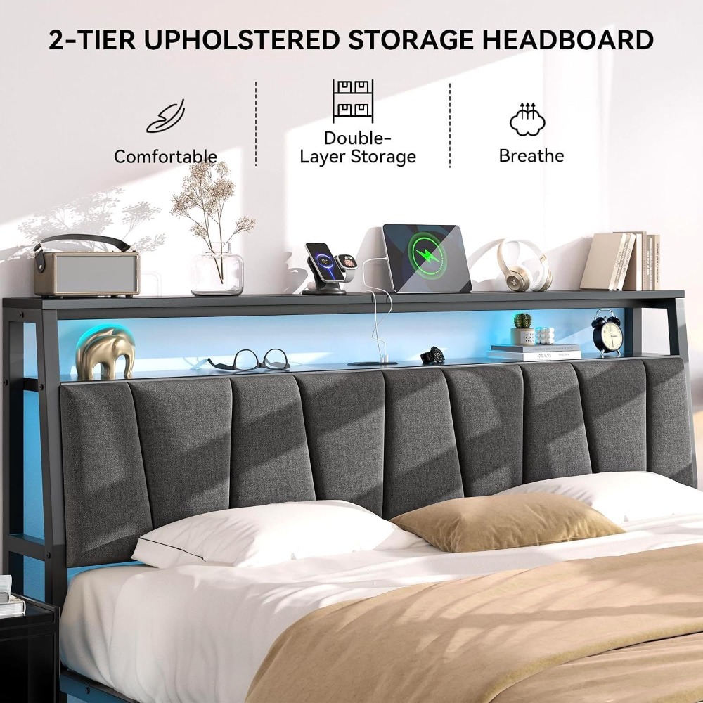 キングサイズベッドフレーム、収納付きヘッドボードと3つの引き - King Size Bed Frame With Storage Drawers のレビューと価格
