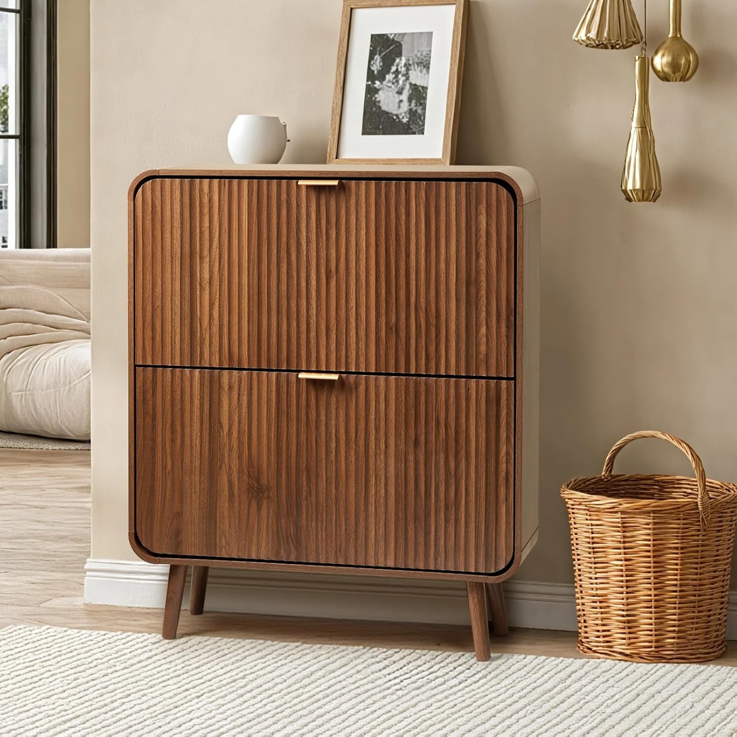 幅31.5インチの、2つの引き出しが付いた、縦溝加工の靴収納 - Shoe Rack Cabinet Narrow Entryway のレビューと価格