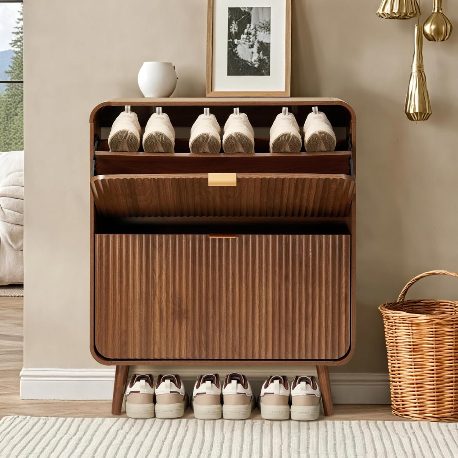 幅31.5インチの、2つの引き出しが付いた、縦溝加工の靴収納 - Shoe Rack Cabinet Narrow Entryway のレビューと価格