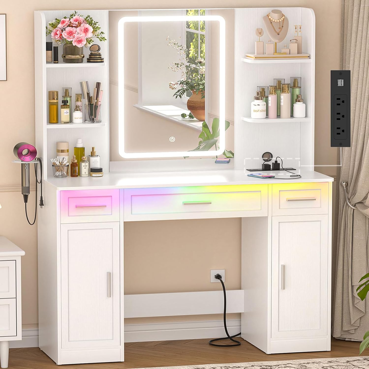 照明付きミラーと引き出しを備えた白いドレッサーテーブル、寝室 - Dressing Table Vanity With Lighted Mirror のレビューと価格