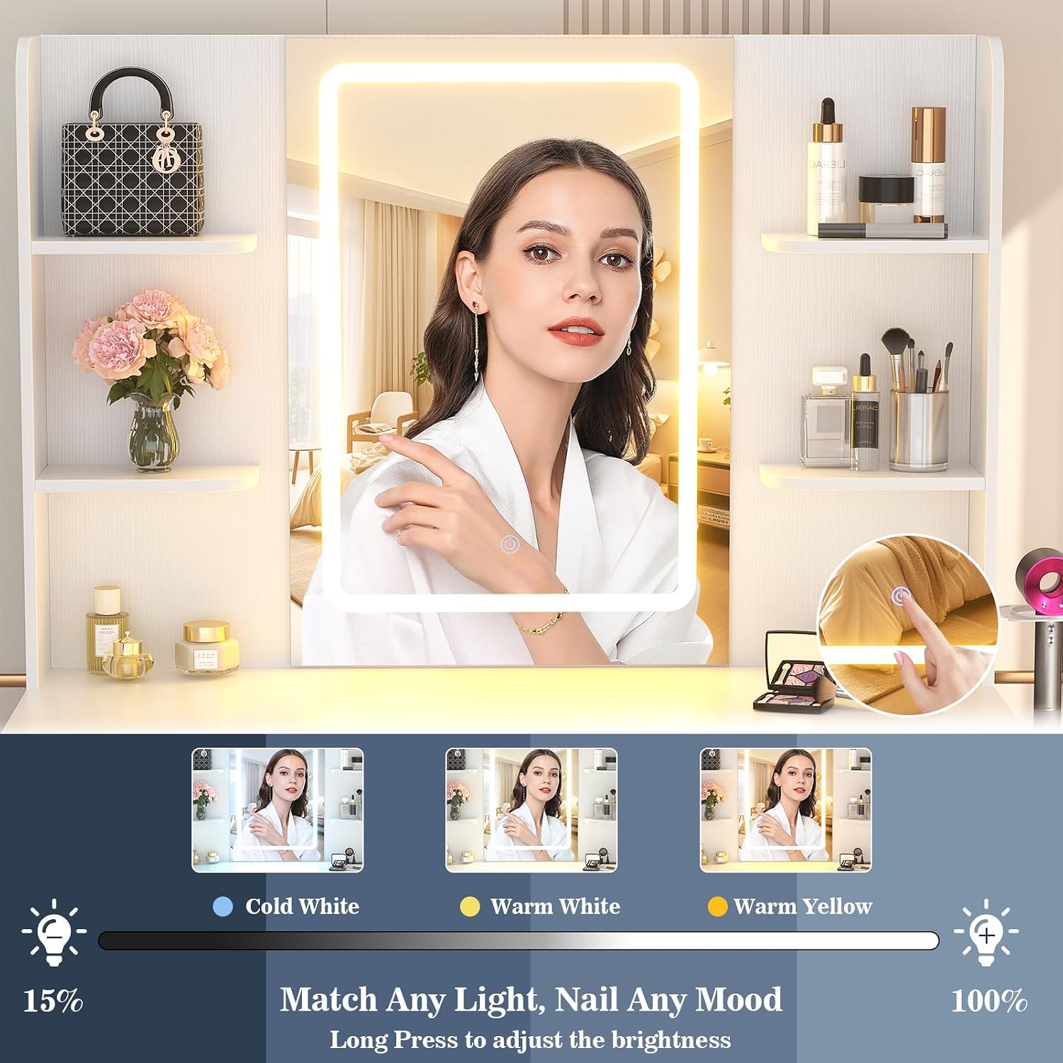 照明付きミラーと引き出しを備えた白いドレッサーテーブル、寝室 - Dressing Table Vanity With Lighted Mirror のレビューと価格
