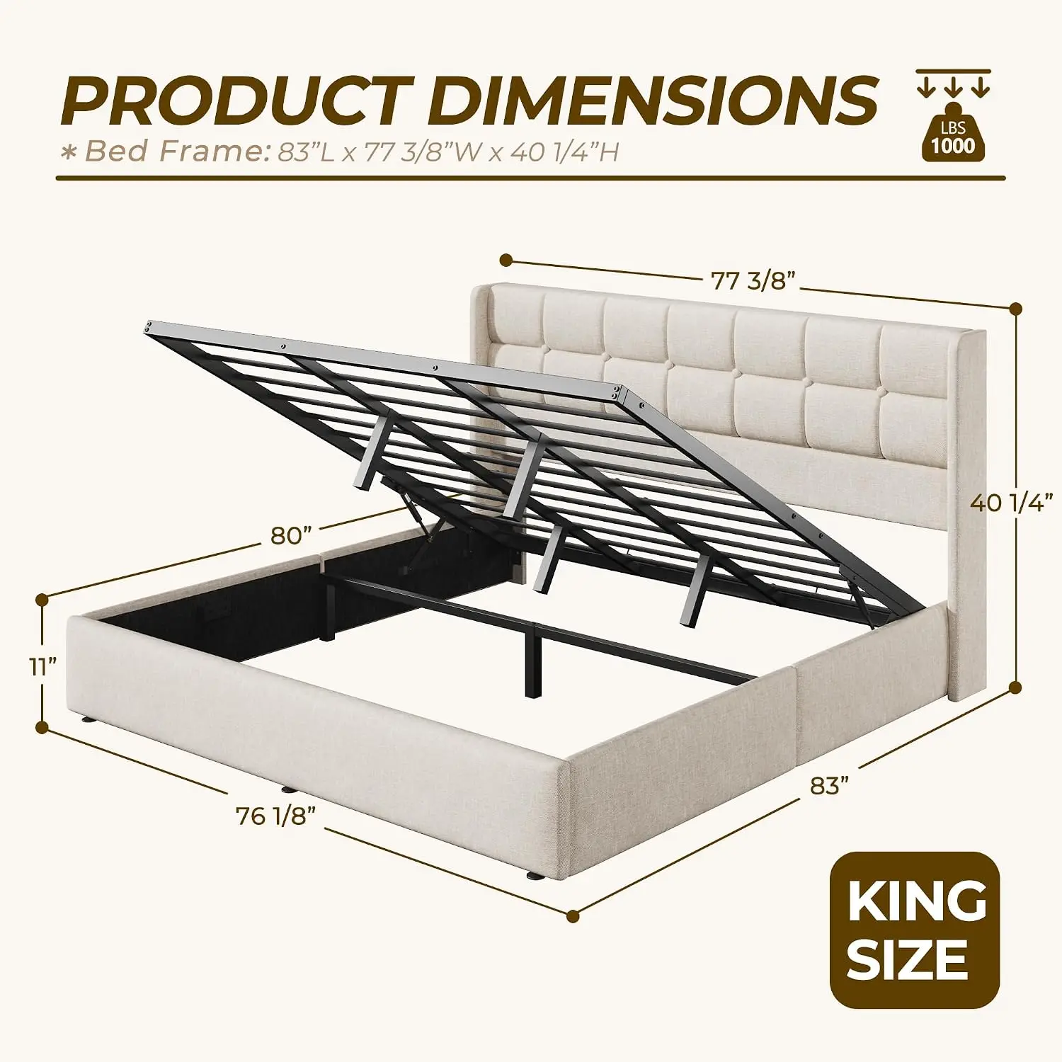 キングサイズのリフトアップ収納ベッドフレーム、リネン張りのプ - Gas Lift Storage Bed Hydraulic のレビューと価格