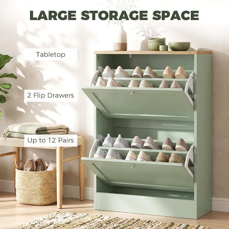 玄関用シューズ収納キャビネット、2段引き出し付きのスリムなシ - Shoe Rack Cabinet Narrow Entryway のレビューと価格