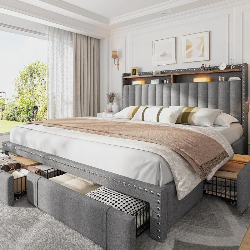 EnHomee キングサイズ布張りベッドフレーム、4つの収納 - King Size Bed Frame With Storage Drawers のレビューと価格