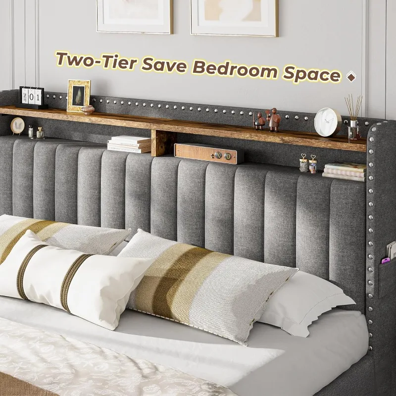 EnHomee キングサイズ布張りベッドフレーム、4つの収納 - King Size Bed Frame With Storage Drawers のレビューと価格