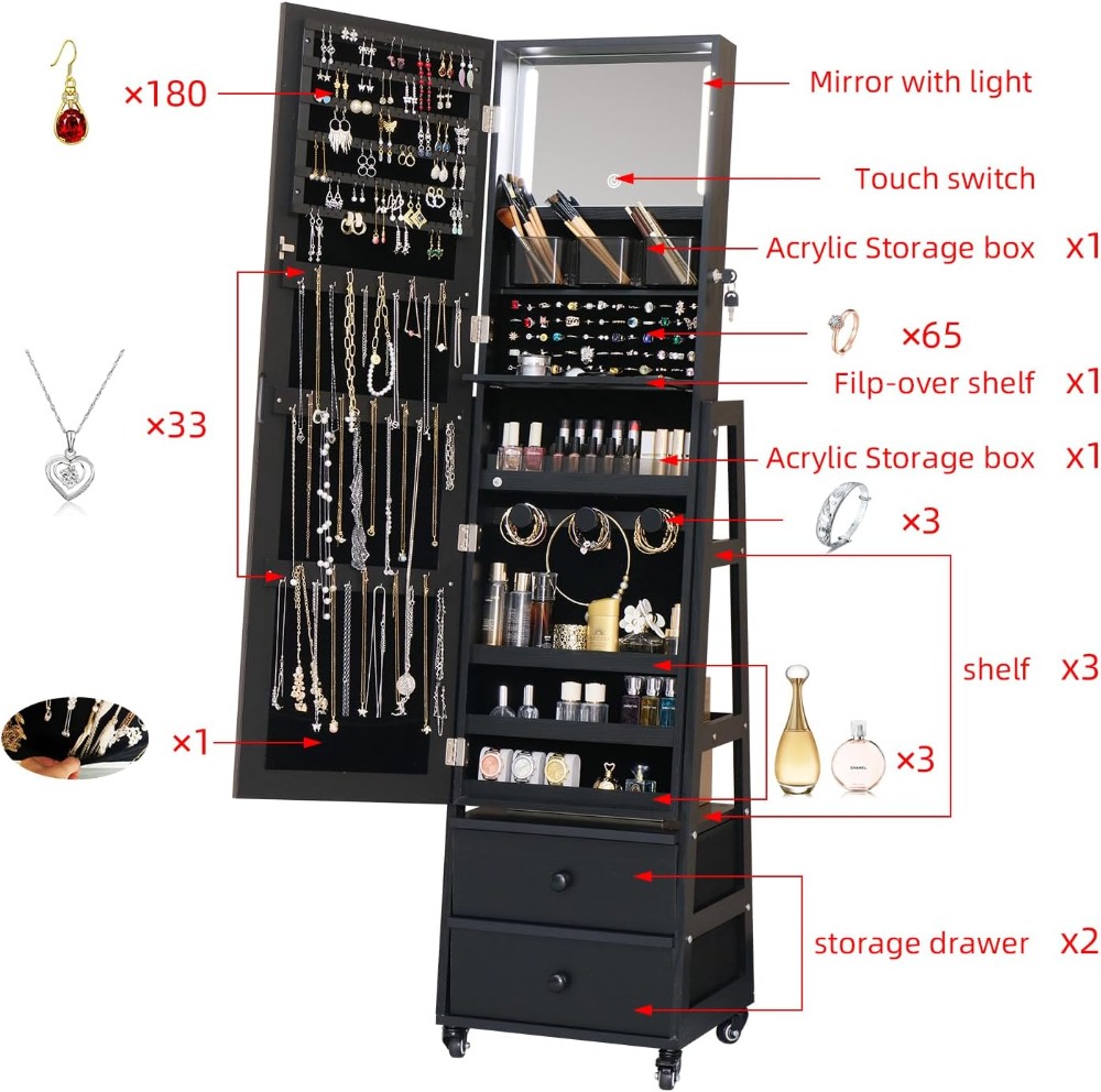 鍵付き自立型ジュエリーアルモア、全身鏡と引き出し付き、キャス - Full Length Mirror Jewelry Armoire のレビューと価格