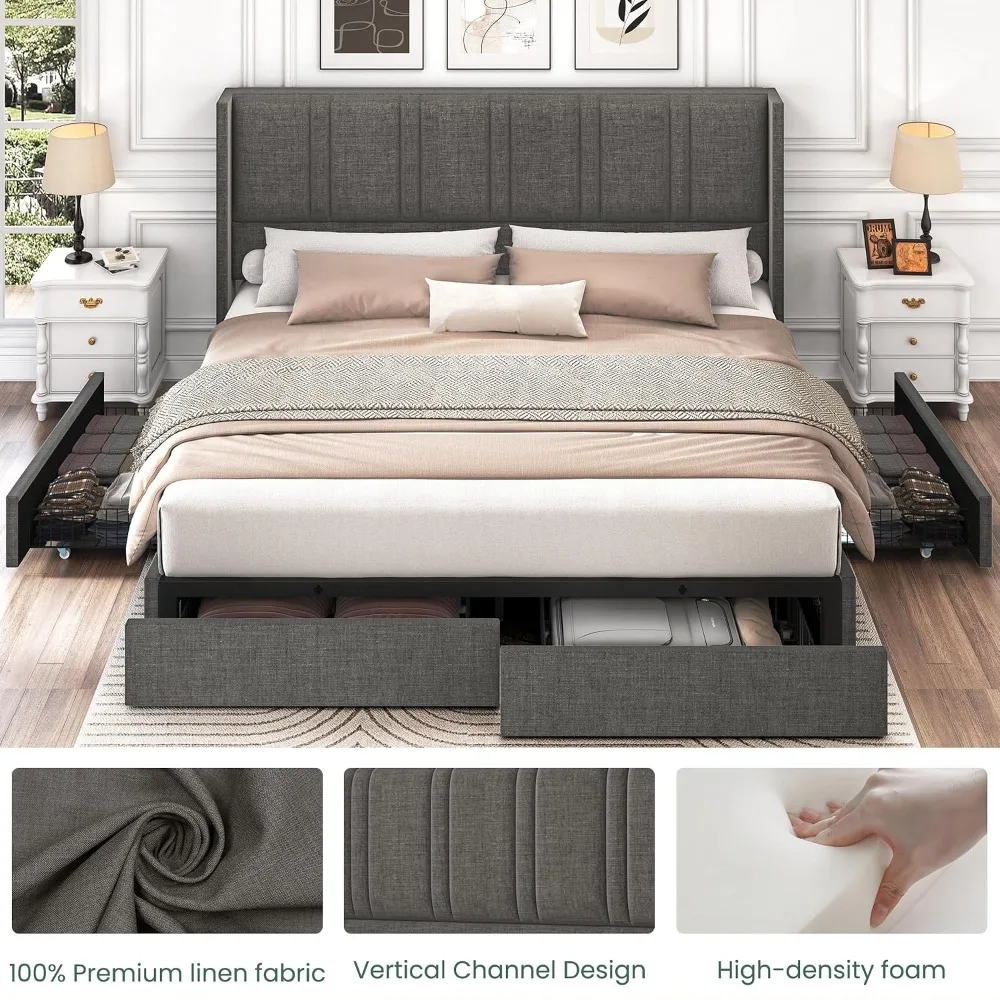 キングサイズのリネン張りプラットフォームベッドフレーム。背も - King Size Bed Frame With Storage Drawers のレビューと価格