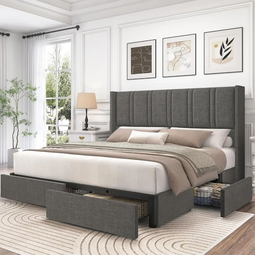 キングサイズのリネン張りプラットフォームベッドフレーム。背も - King Size Bed Frame With Storage Drawers のレビューと価格