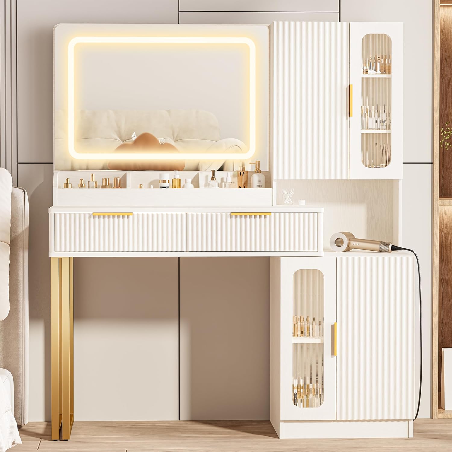 42インチ バニティデスクミラーライト、5段棚2段引き出しキ - Dressing Table Vanity With Lighted Mirror のレビューと価格
