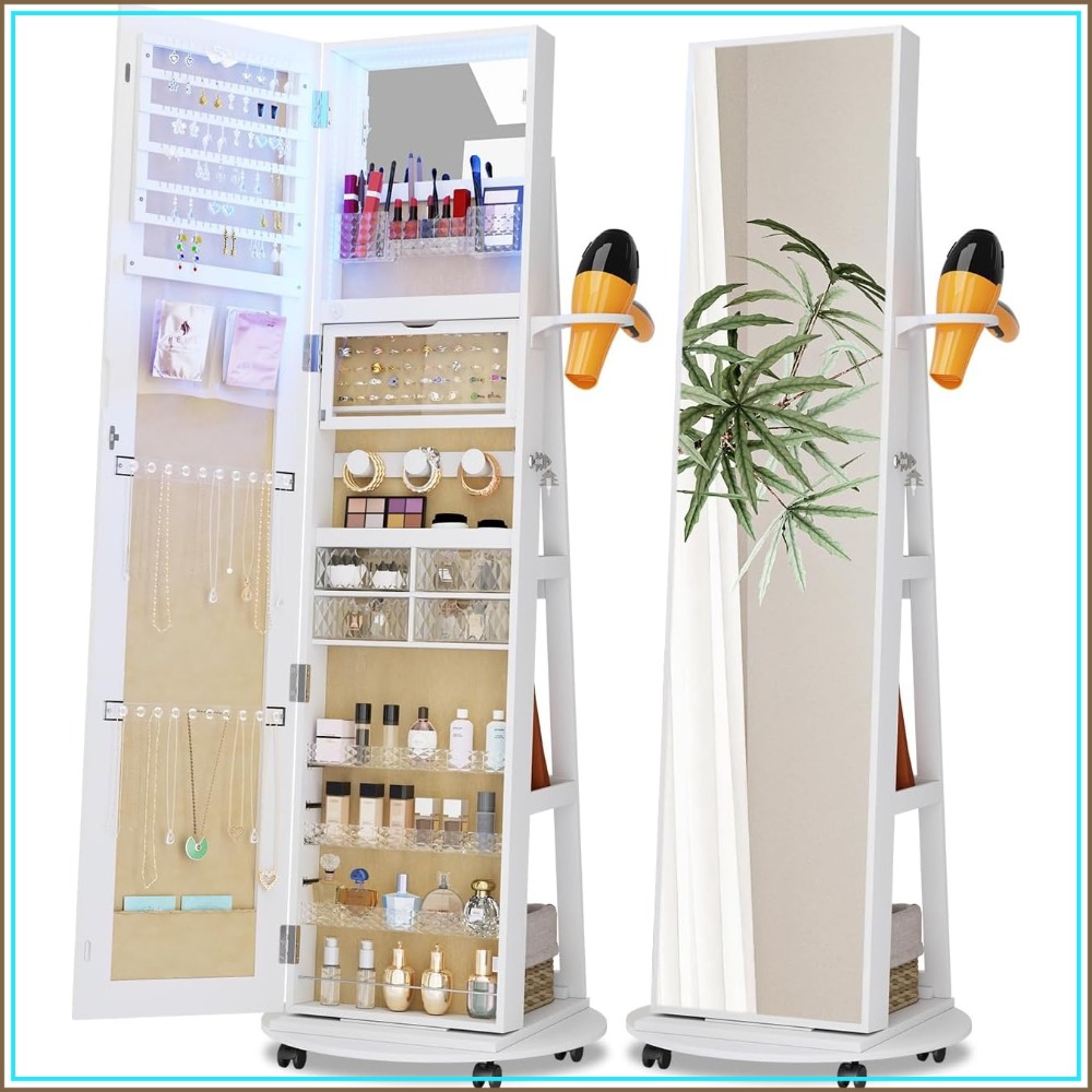 全身鏡付きのジュエリー収納キャビネット。360度回転し、鍵で - Full Length Mirror Jewelry Armoire のレビューと価格