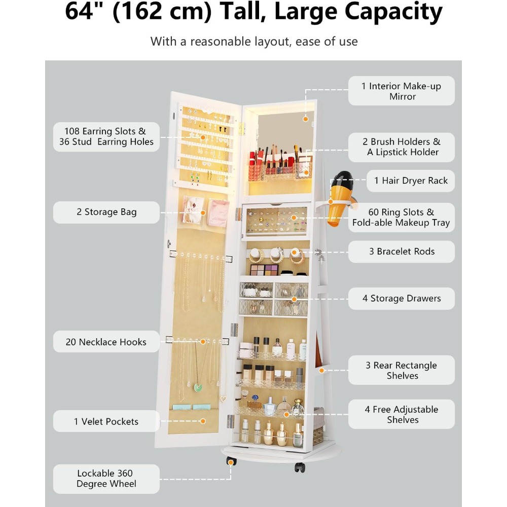 全身鏡付きのジュエリー収納キャビネット。360度回転し、鍵で - Full Length Mirror Jewelry Armoire のレビューと価格