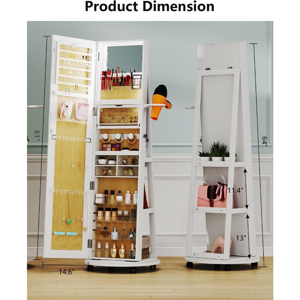 全身鏡付きのジュエリー収納キャビネット。360度回転し、鍵で - Full Length Mirror Jewelry Armoire のレビューと価格