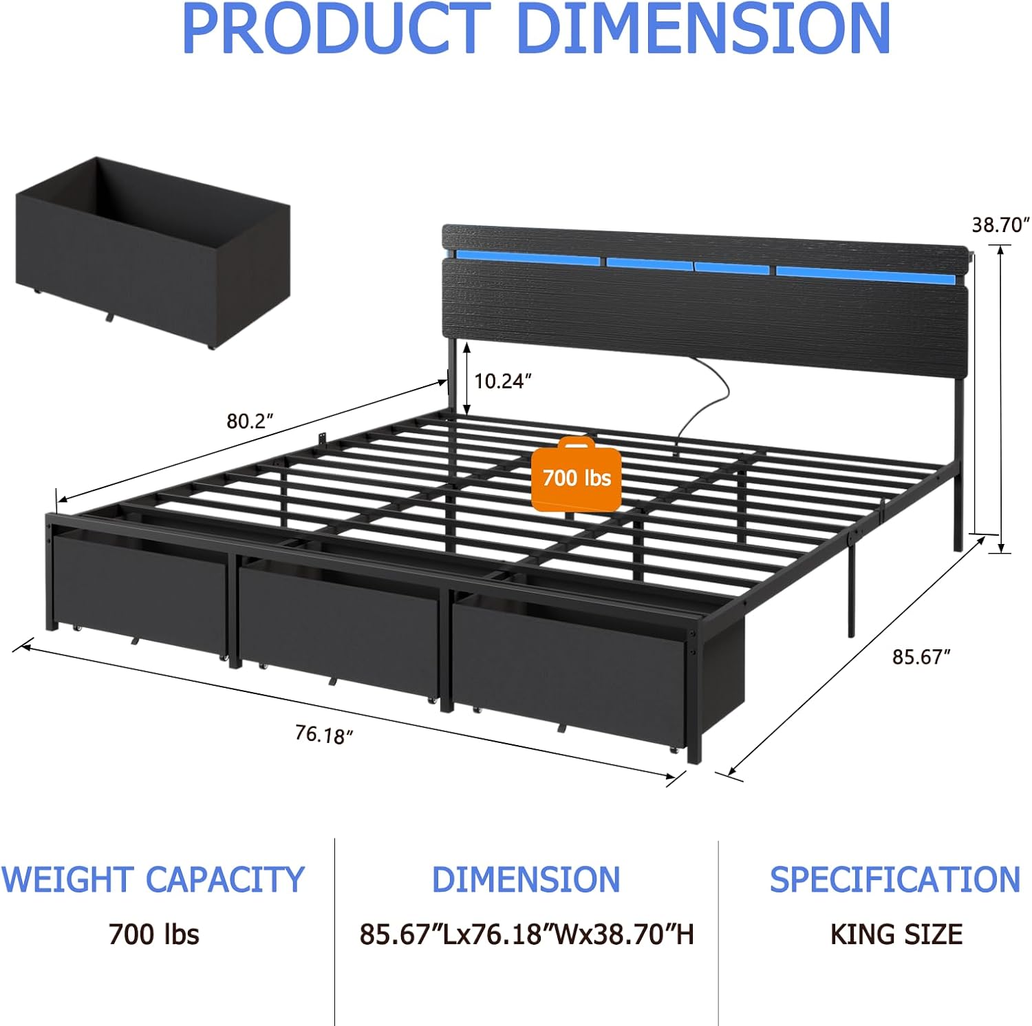 フォレストル製、キングサイズのベッドフレーム。木製のヘッドボ - King Size Bed Frame With Storage Drawers のレビューと価格