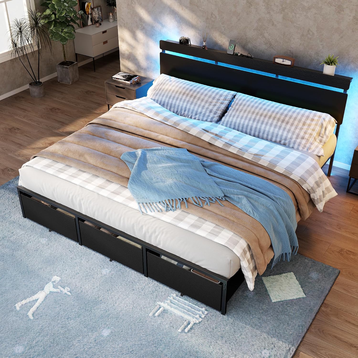 フォレストル製、キングサイズのベッドフレーム。木製のヘッドボ - King Size Bed Frame With Storage Drawers のレビューと価格