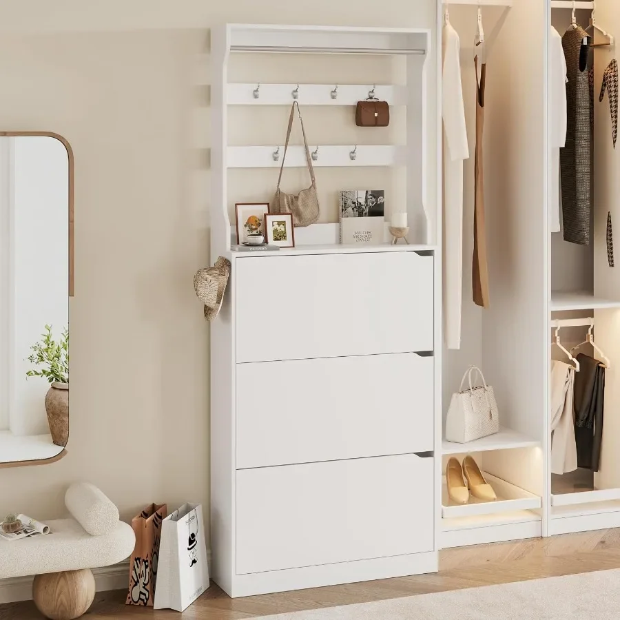 玄関用の背の高い靴収納キャビネット。白いMDF製で、扉付きの - Shoe Rack Cabinet Narrow Entryway のレビューと価格