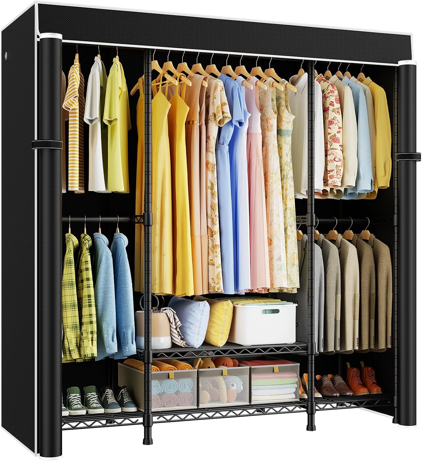 E3C製、頑丈な構造のポータブルクローゼット。黒い布製カバー - Wardrobe Closet Portable Fabric Cover のレビューと価格