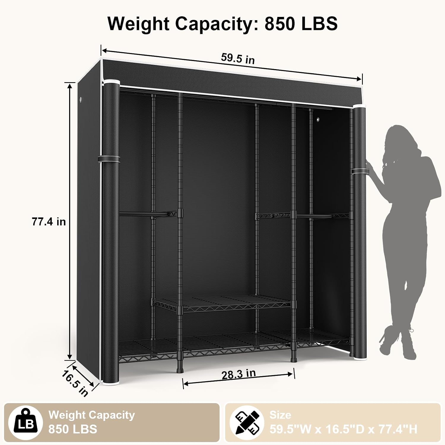 E3C製、頑丈な構造のポータブルクローゼット。黒い布製カバー - Wardrobe Closet Portable Fabric Cover のレビューと価格