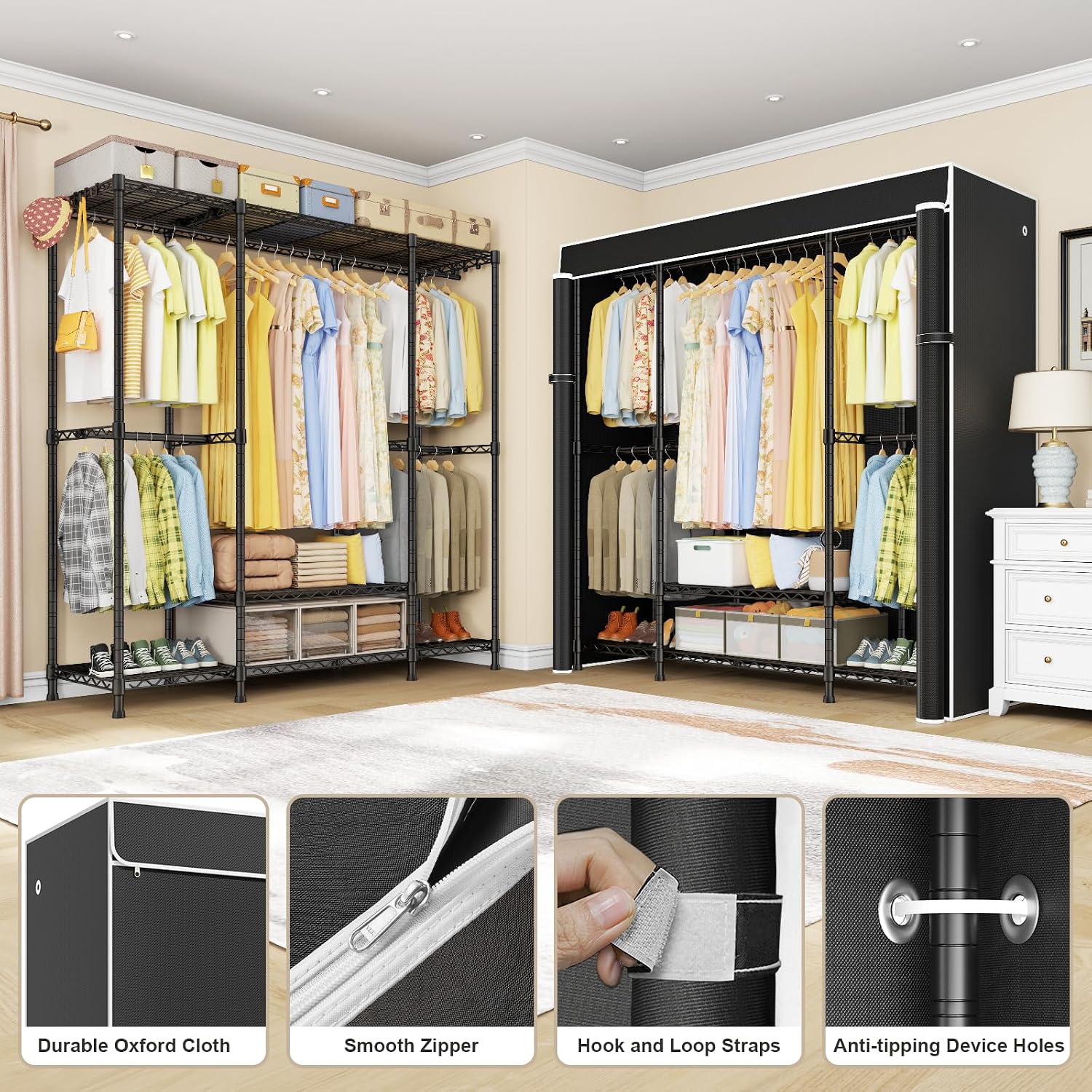 E3C製、頑丈な構造のポータブルクローゼット。黒い布製カバー - Wardrobe Closet Portable Fabric Cover のレビューと価格