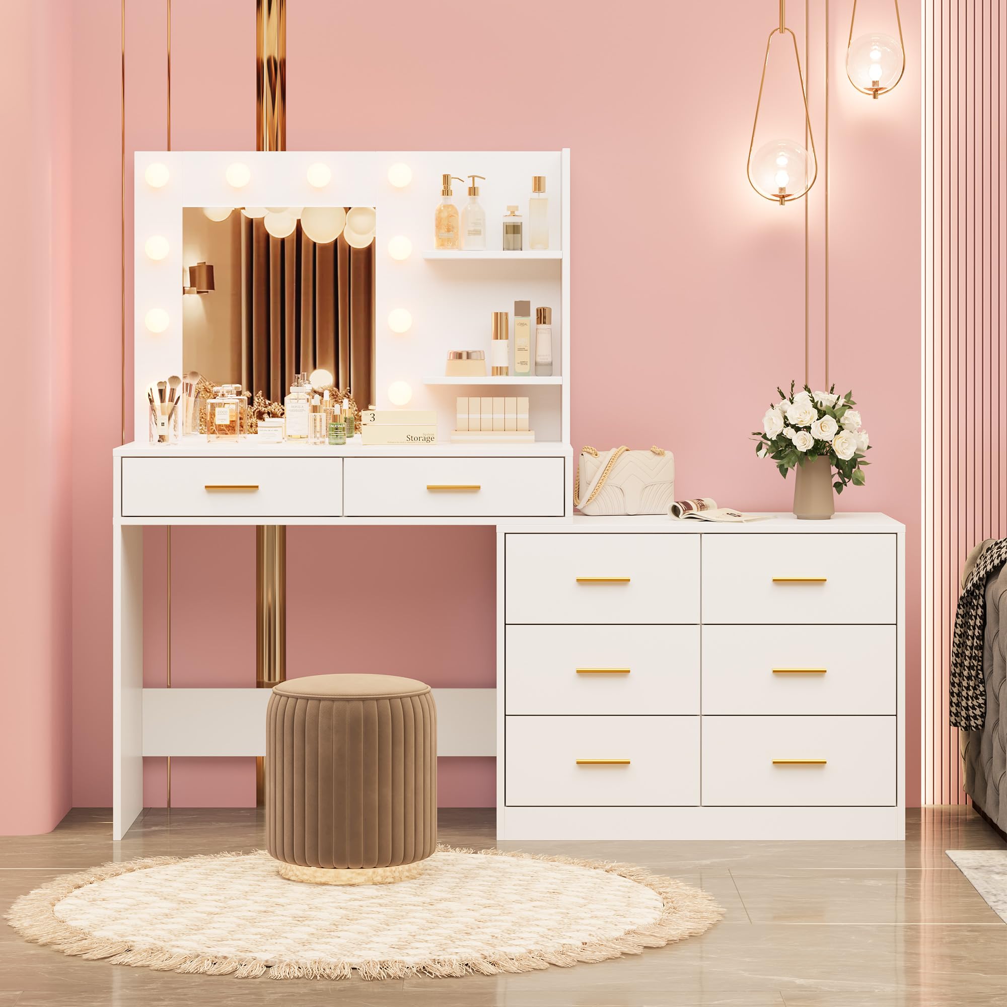 61インチのドレッサーテーブル。鏡と照明付き。引き出し8つと - Dressing Table Vanity With Lighted Mirror のレビューと価格