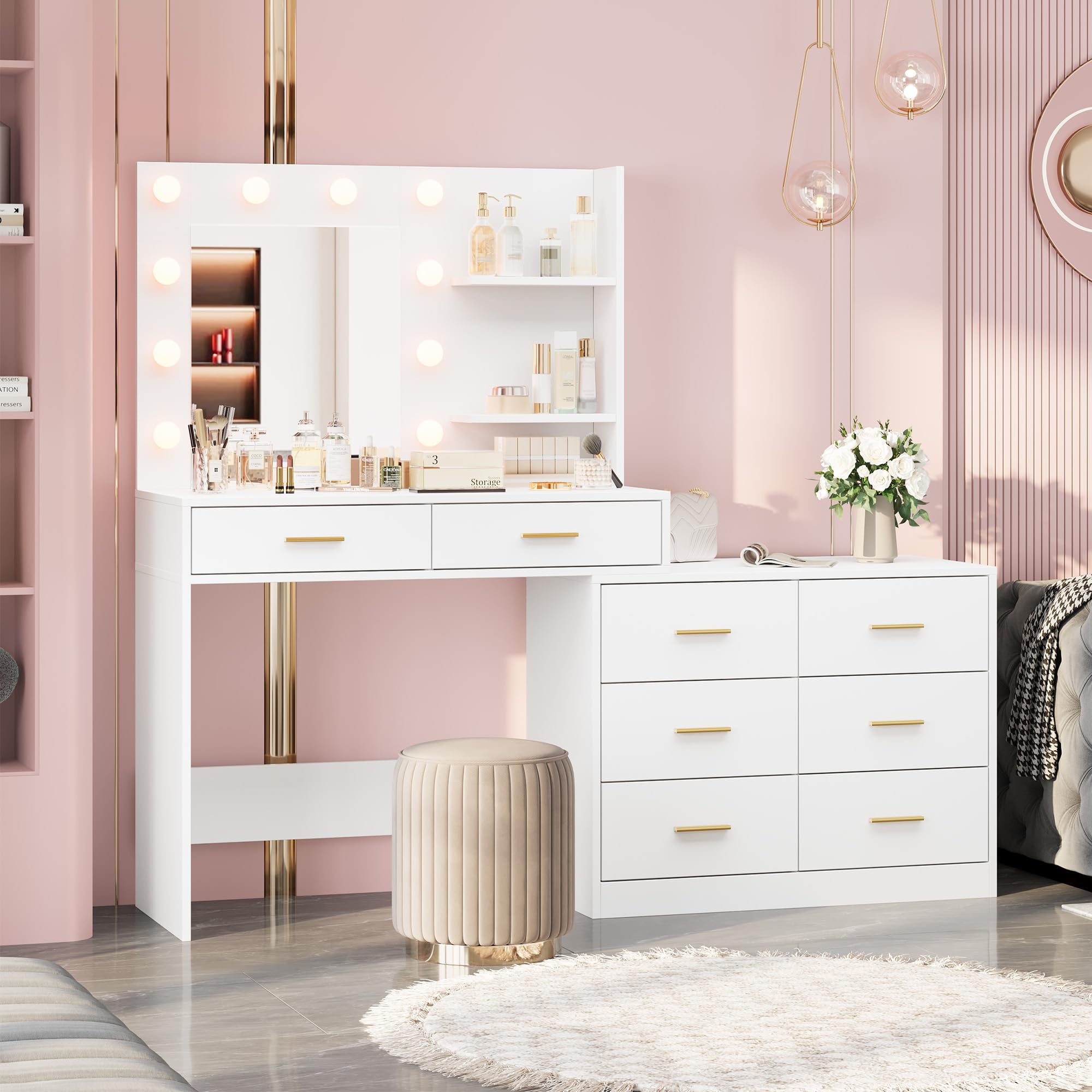 61インチのドレッサーテーブル。鏡と照明付き。引き出し8つと - Dressing Table Vanity With Lighted Mirror のレビューと価格