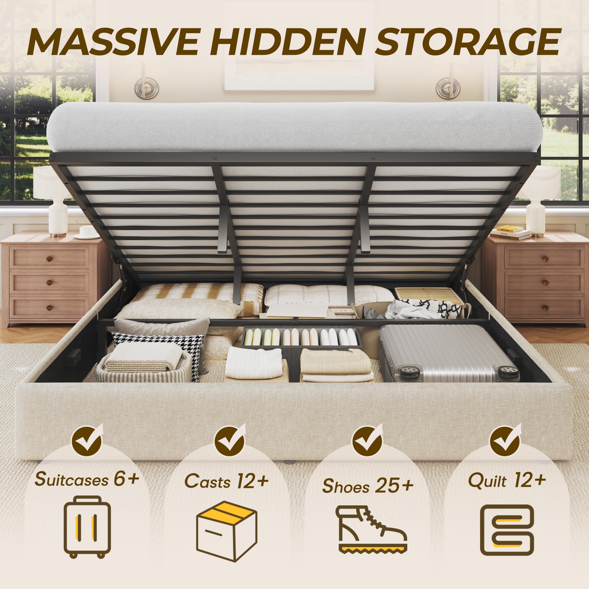 HIT製、キングサイズの収納式ベッド。リネン生地で覆われたプ - Gas Lift Storage Bed Hydraulic のレビューと価格