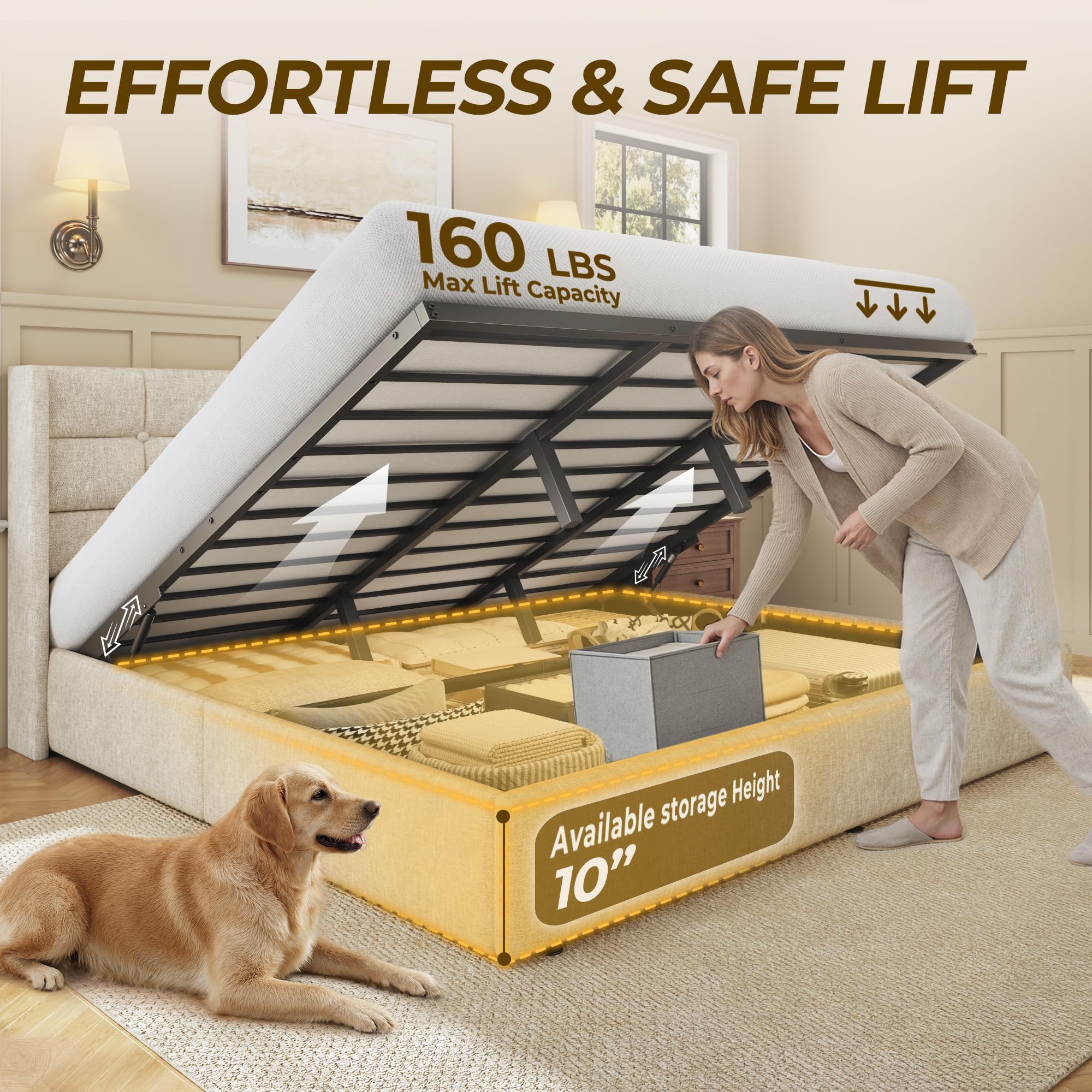 HIT製、キングサイズの収納式ベッド。リネン生地で覆われたプ - Gas Lift Storage Bed Hydraulic のレビューと価格