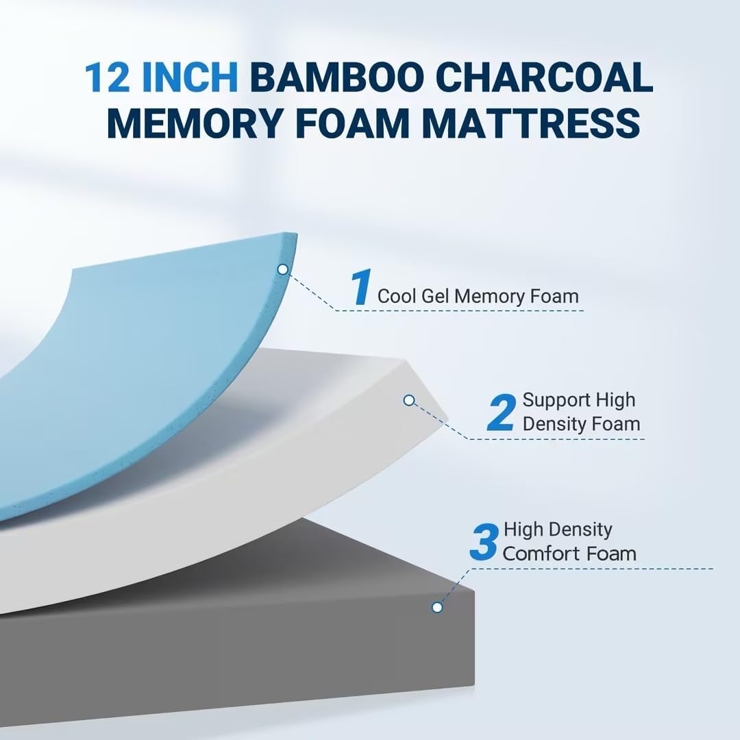 クイーンサイズ メモリーフォームマットレス 12インチ 中硬 - Memory Foam Mattress In A Box Queen のレビューと価格