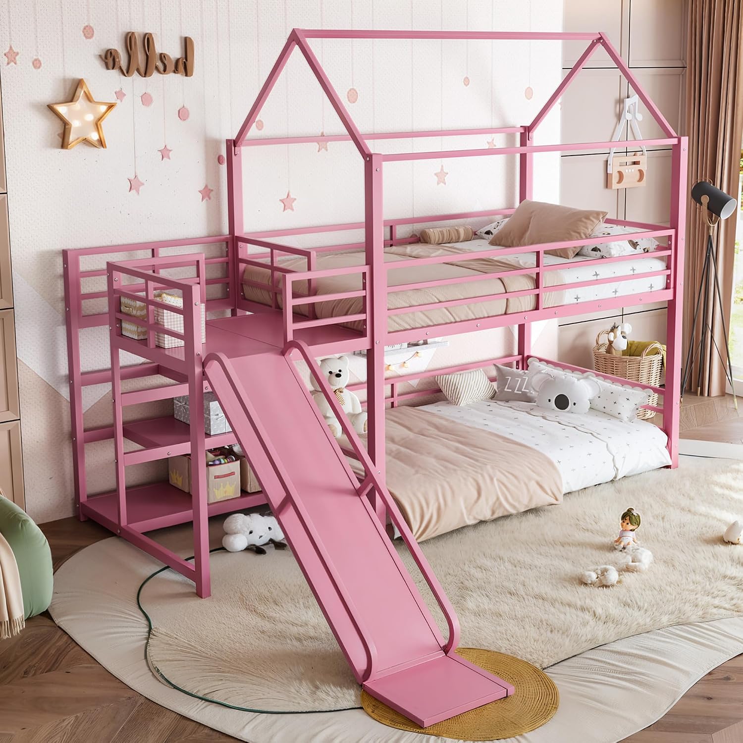 スライド付き二段ベッド、収納付き階段、頑丈なハウス型金属製ロ - Bunk Bed With Stairs And Slide のレビューと価格
