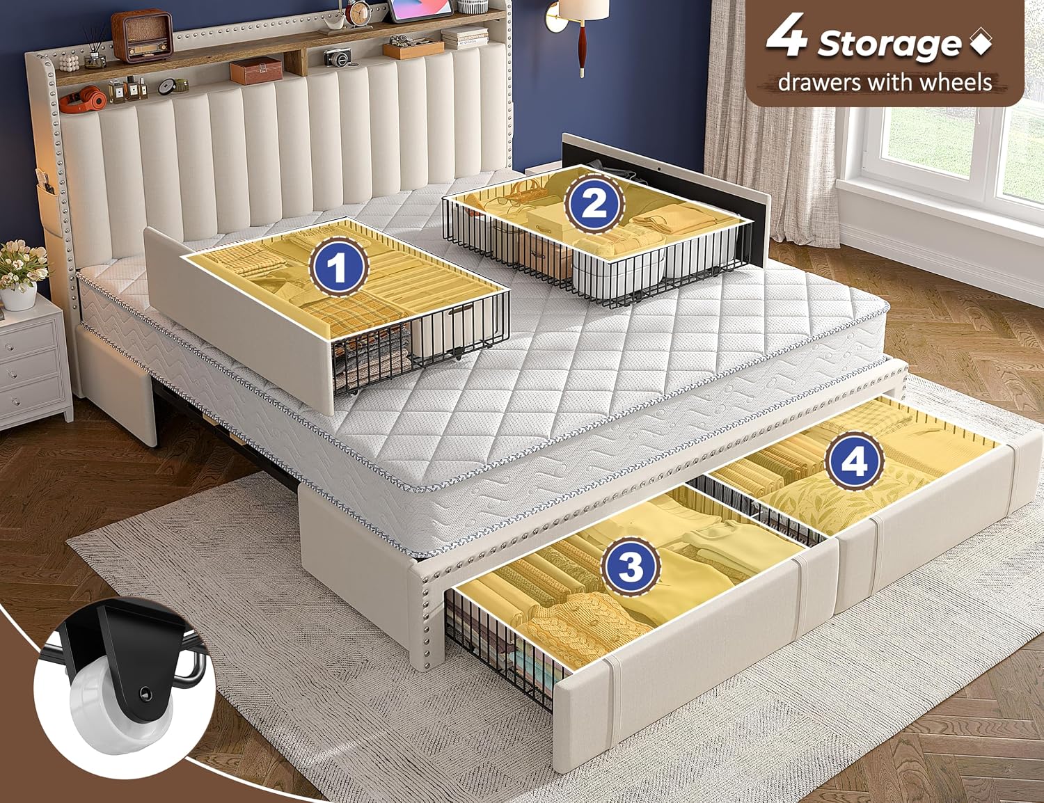 キングサイズベッドフレーム、4つの収納引き出しと収納ヘッドボ - King Size Bed Frame With Storage Drawers のレビューと価格