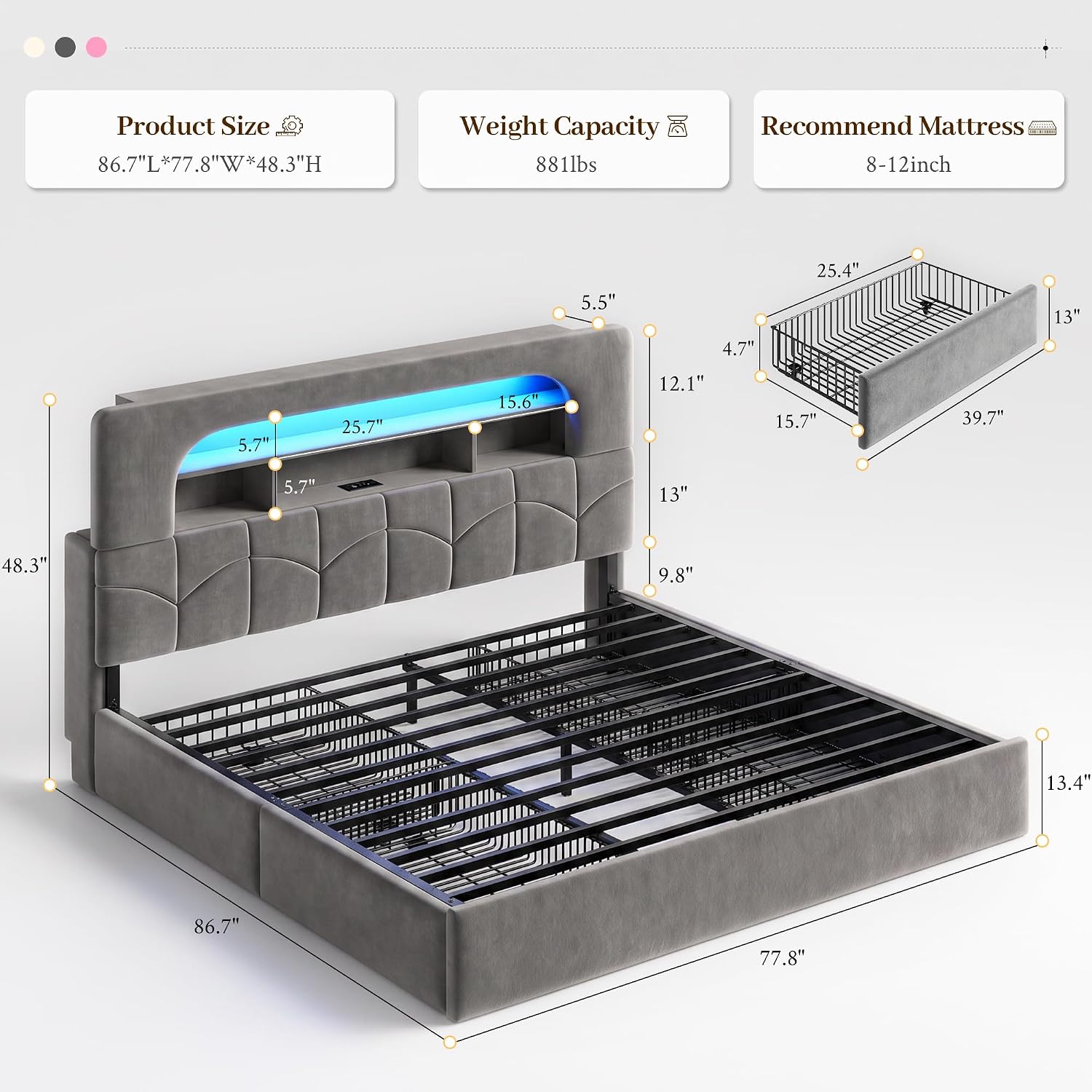 キングサイズのベッドフレーム。収納引き出し4つと充電ステーシ - King Size Bed Frame With Storage Drawers のレビューと価格